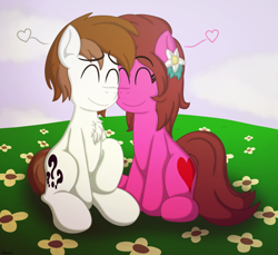 Size: 7200x6600 | Tagged: safe, artist:agkandphotomaker2000, derpibooru import, oc, oc:brain teaser, oc:rose bloom, earth pony, pony, brainbloom, cloud, eyes closed, female, flower, flower in ear, flower in head, heart, hill, love, male, oc x oc, raised hoof, raised leg, shipping, sitting, snuggling, straight, tail, two toned mane, two toned tail