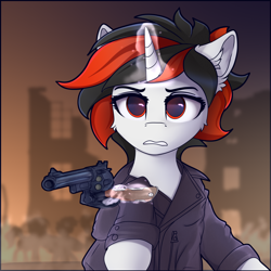 Size: 2500x2500 | Tagged: safe, artist:lakunae, derpibooru import, oc, oc:blackjack, fallout equestria, fallout equestria: project horizons, crossover, dirty harry, fanfic art, female, gun, handgun, magic, mare, pistol, telekinesis, weapon