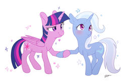 Size: 1200x800 | Tagged: safe, artist:sion, derpibooru import, trixie, twilight sparkle, twilight sparkle (alicorn), alicorn, pony, unicorn, blushing, cute, diatrixes, eye clipping through hair, eyebrows, eyebrows visible through hair, female, folded wings, happy, holding hooves, horn, lesbian, mare, multicolored mane, multicolored tail, purple eyes, shipping, signature, simple background, smiling, sparkles, tail, twiabetes, twixie, two toned mane, two toned tail, white background, wings