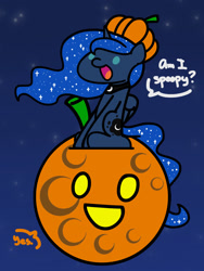 Size: 1350x1800 | Tagged: safe, artist:flutterluv, derpibooru import, princess luna, alicorn, pony, series:flutterluv's full moon, cute, dialogue, female, full moon, halloween, happy, holiday, lunabetes, mare, moon, pumpkin, solo, spoopy, tangible heavenly object