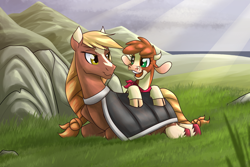 Size: 2700x1800 | Tagged: safe, artist:redahfuhrerking, derpibooru import, arizona cow, oc, oc:sila, cow, horse, them's fightin' herds, lying down, prone, tfh oc