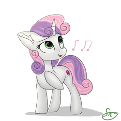 Size: 1000x1000 | Tagged: safe, artist:skylairo, derpibooru exclusive, derpibooru import, sweetie belle, pony, unicorn, cute, cutie mark, diasweetes, ear fluff, ears, hair, hoof on chest, horn, music notes, note, open mouth, simple background, singing, solo, tail, watermark, white background