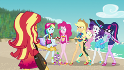 Size: 1920x1080 | Tagged: safe, derpibooru import, screencap, applejack, fluttershy, pinkie pie, rainbow dash, rarity, sci-twi, spike, spike the regular dog, sunset shimmer, twilight sparkle, dog, better together, equestria girls, forgotten friendship, applejack's hat, bag, beach, cap, clothes, cowboy hat, feet, female, glasses, hat, humane five, humane seven, humane six, male, sandals, sleeveless, summer hat, swimsuit