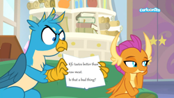 Size: 1280x720 | Tagged: safe, derpibooru import, edit, edited screencap, editor:horsesplease, screencap, gallus, smolder, griffon, student counsel, duo, gallus the rooster, gallus' book, gallusposting, kfc