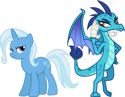 Size: 2550x1983 | Tagged: safe, artist:davidsfire, artist:uxyd, derpibooru import, edit, princess ember, trixie, dragon, pony, unicorn, blue, dragon wings, duo, female, horn, lidded eyes, mare, purple eyes, simple background, smiling, smug, spread wings, standing, tail, transparent background, two toned mane, two toned tail, vector, wings