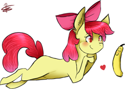 Size: 920x658 | Tagged: safe, artist:pinkiepiestyle, derpibooru import, apple bloom, earth pony, pony, banana, bananabloom, blushing, female, filly, food, heart, solo