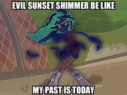 Size: 835x628 | Tagged: safe, derpibooru import, edit, edited screencap, screencap, sunset shimmer, equestria girls, my past is not today, caption, evil character be like, image macro, inverted colors, meme, text