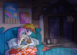 Size: 3500x2500 | Tagged: safe, artist:lionbun1, derpibooru import, fluttershy, oc, oc:lucky charm, human, equestria girls, bed, bedroom, canon x oc, commission, couple, cuddling, cuddling in bed, evening, humanized