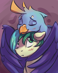 Size: 1307x1657 | Tagged: safe, artist:kam, derpibooru import, gallus, sandbar, earth pony, griffon, pony, blushing, eyes closed, gallbar, gay, hug, lying down, lying on top of someone, male, shipping, smiling, stallion, winghug, wings