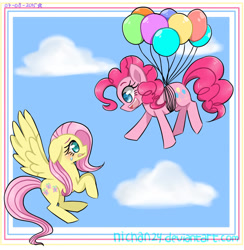 Size: 1386x1422 | Tagged: safe, artist:nichandesu, derpibooru import, fluttershy, pinkie pie, earth pony, pegasus, pony, :d, balloon, cute, diapinkes, duo, eyelashes, female, floating, mare, open mouth, open smile, shyabetes, smiling, then watch her balloons lift her up to the sky, wings