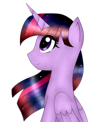 Size: 2280x2631 | Tagged: safe, artist:lucky-em, derpibooru import, twilight sparkle, twilight sparkle (alicorn), alicorn, pony, bust, ethereal mane, eyelashes, female, horn, mare, simple background, smiling, solo, starry mane, transparent background, wings