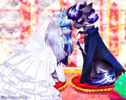 Size: 4000x3179 | Tagged: safe, artist:krissstudios, derpibooru import, oc, oc only, pony, bride, clothes, dress, female, groom, horns, looking at each other, male, mare, shipping, sitting, smiling, smiling at each other, stallion, straight, suit, wedding dress