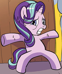 Size: 379x452 | Tagged: safe, artist:michela cacciatore, derpibooru import, idw, starlight glimmer, pony, unicorn, spoiler:comic, spoiler:comicgenerations01, bipedal, comic, cropped, female, mare, solo, sweat