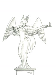 Size: 1000x1321 | Tagged: safe, artist:baron engel, derpibooru import, twilight sparkle, twilight sparkle (alicorn), alicorn, anthro, book, clothes, dress, female, mare, monochrome, pencil drawing, solo, statue, traditional art