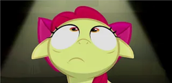 Size: 1828x890 | Tagged: safe, edit, edited screencap, screencap, apple bloom, earth pony, pony, bloom and gloom, apple bloom's bow, ears, female, filly, floppy ears, frown, looking up, solo, solo female, spotlight