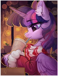 Size: 1656x2192 | Tagged: safe, artist:paipaishuaige, derpibooru import, twilight sparkle, twilight sparkle (alicorn), alicorn, pony, clothes, drink, drinking, ear fluff, ears, female, mare, profile, scarf, side view, solo, straw, sweater, unshorn fetlocks