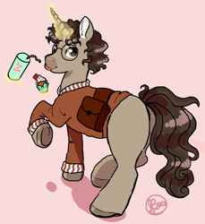 Size: 1966x2145 | Tagged: safe, artist:69beas, derpibooru import, oc, pony, unicorn, bag, coffee, cupcake, digital art, food, looking back, magic, magic aura, male, saddle bag, simple background, sketch, solo, stallion, tongue, tongue out, walking