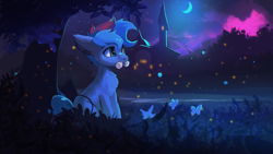 Size: 1920x1080 | Tagged: safe, artist:hierozaki, derpibooru import, oc, oc only, earth pony, pony, chest fluff, flower, moon, solo, stars, tree