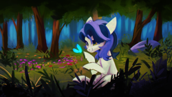 Size: 1920x1080 | Tagged: safe, artist:hierozaki, derpibooru import, oc, oc only, butterfly, earth pony, pony, flower, forest, solo, tree