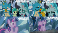 Size: 1280x720 | Tagged: safe, derpibooru import, edit, edited screencap, editor:quoterific, screencap, gallus, ocellus, sandbar, alicorn, changeling, earth pony, griffon, pony, season 8, what lies beneath, ears, eyes closed, female, floppy ears, male, mare, open mouth, spread wings, tree of harmony, treelight sparkle, wings