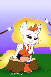 Size: 667x1000 | Tagged: safe, artist:empyu, derpibooru import, daybreaker, alicorn, anthro, female, food, mare, marshmallow, roasting, solo, tree stump