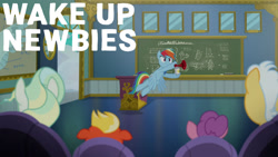 Size: 1280x720 | Tagged: safe, derpibooru import, edit, edited screencap, editor:quoterific, screencap, rainbow dash, short fuse, vapor trail, pegasus, pony, season 6, top bolt, airhorn, chalkboard, female, flying, loosey-goosey, male, mare, mountain haze, stallion