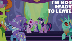 Size: 1280x720 | Tagged: safe, derpibooru import, edit, edited screencap, editor:quoterific, screencap, cornicle, starlight glimmer, thorax, trixie, twilight sparkle, twilight sparkle (alicorn), alicorn, changedling, changeling, pony, unicorn, celestial advice, season 7, female, king thorax, male, mare, nose in the air, open mouth, smiling, twilight's castle