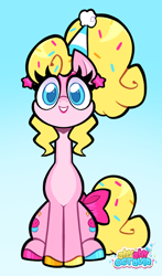 Size: 2306x3931 | Tagged: safe, artist:shyshyoctavia, derpibooru import, oc, oc:sugar sprinkles, earth pony, pony, bow, cupcake, ear piercing, earring, food, hat, jewelry, multicolored hooves, party, party hat, piercing, pink, ponytail, solo, sprinkles