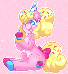 Size: 1338x1452 | Tagged: safe, artist:confetti-bunni, derpibooru import, oc, oc:sugar sprinkles, earth pony, pony, bow, cupcake, ear piercing, earring, food, hat, jewelry, multicolored hooves, party, party hat, piercing, pink, ponytail, solo, sprinkles