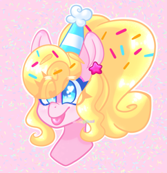 Size: 1323x1366 | Tagged: safe, artist:confetti-bunni, derpibooru import, oc, oc:sugar sprinkles, earth pony, pony, bust, ear piercing, earring, food, hat, jewelry, party, party hat, piercing, pink, solo, sprinkles