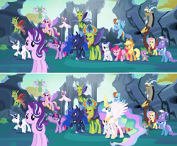 Size: 824x678 | Tagged: safe, derpibooru import, screencap, applejack, discord, fluttershy, pinkie pie, princess cadance, princess celestia, princess flurry heart, princess luna, rainbow dash, rarity, shining armor, spike, starlight glimmer, thorax, trixie, twilight sparkle, twilight sparkle (alicorn), alicorn, changedling, changeling, earth pony, pegasus, pony, unicorn, season 6, to where and back again, alicorn pentarchy, angry, comparison, glare, glowing, glowing horn, group shot, horn, king thorax, mane seven, mane six, panorama, reformed four, spread wings, wings