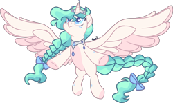 Size: 2149x1285 | Tagged: safe, artist:kurosawakuro, derpibooru import, oc, alicorn, pony, crown, female, jewelry, magical lesbian spawn, mare, offspring, parent:fluttershy, parent:princess celestia, parents:flutterlestia, regalia, simple background, solo, spread wings, transparent background, wings