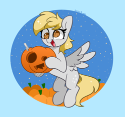 Size: 4040x3802 | Tagged: safe, alternate version, artist:kittyrosie, derpibooru import, derpy hooves, pegasus, pony, blushing, halloween, holiday, open mouth, pumpkin