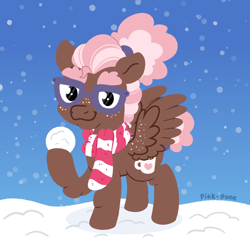 Size: 1800x1750 | Tagged: safe, artist:pink-pone, derpibooru import, oc, oc only, oc:peppermint patty, pegasus, pony, clothes, female, glasses, mare, scarf, snow, snowball, snowfall, solo