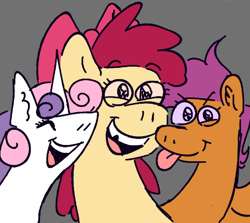 Size: 1280x1143 | Tagged: safe, artist:tezzbot, derpibooru import, apple bloom, scootaloo, sweetie belle, earth pony, pegasus, pony, unicorn, cutie mark crusaders, eyes closed, gray background, simple background, smiling, tongue, tongue out, tooth gap, trio