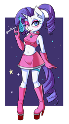 Size: 950x1700 | Tagged: safe, artist:melliedraws, derpibooru import, rarity, anthro, unicorn, belly button, blushing, boots, clothes, cosplay, costume, female, gloves, looking at you, mare, midriff, one eye closed, platform shoes, ray gun, shoes, skirt, solo, space channel 5, wink, winking at you