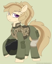 Size: 1500x1850 | Tagged: safe, artist:crimmharmony, derpibooru import, oc, oc only, earth pony, pony, camouflage, clothes, helmet, military, military uniform, soldier, solo, two toned mane, uniform