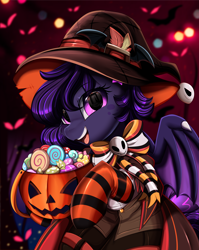 Size: 2550x3209 | Tagged: safe, artist:pridark, derpibooru import, part of a series, part of a set, oc, oc only, pegasus, pony, bucket, candy, clothes, commission, costume, female, food, halloween, hat, high res, holiday, jack-o-lantern, mare, open mouth, pegasus oc, pumpkin, pumpkin bucket, purple eyes, socks, solo, striped socks, witch hat, ych result