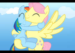 Size: 2000x1405 | Tagged: safe, artist:yaco, derpibooru import, butterscotch, fluttershy, rainbow dash, pegasus, butterdash, female, flutterdash, hug, male, rule 63, shipping, straight