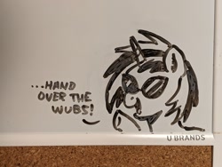 Size: 2048x1536 | Tagged: safe, artist:mellodillo, derpibooru import, dj pon-3, vinyl scratch, pony, unicorn, bust, dialogue, female, mare, solo, traditional art, vandalism, whiteboard