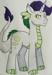 Size: 1280x1816 | Tagged: safe, artist:matbenetti17, derpibooru import, oc, oc:topaz, dracony, hybrid, horn, interspecies offspring, male, offspring, parent:rarity, parent:spike, parents:sparity, solo, traditional art