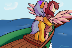 Size: 1024x683 | Tagged: safe, artist:exobass, derpibooru import, oc, oc:argon sunborn, oc:johannes bruttonos, earth pony, pegasus, pony, boat, clothes, earth pony oc, pegasus oc, solo, sundawn, titanic, water