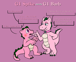 Size: 1601x1310 | Tagged: safe, artist:tarkan809, derpibooru import, barb, spike, spike (g1), dragon, g1, blushing, collar, digital art, female, male, rule 63, simple background, speech bubble, text