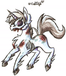 Size: 1337x1542 | Tagged: safe, artist:razinoats, derpibooru import, oc, oc only, pony, undead, zombie, zombie pony, bruised, male, solo, stallion, traditional art, unshorn fetlocks