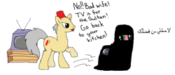 Size: 776x336 | Tagged: safe, artist:dumbshwickmcgee, ponerpics import, pony, abuse, angry, arabic text, bad wife, duo, hijab, kitchen mentioned, know your place, sad, sultan, television, wife