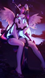 Size: 2350x4052 | Tagged: safe, artist:shenki, derpibooru import, twilight sparkle, twilight sparkle (alicorn), alicorn, anthro, plantigrade anthro, clothes, female, looking at you, mare, sitting, solo, spread wings, wings