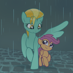 Size: 2048x2048 | Tagged: safe, artist:pfeffaroo, derpibooru import, lightning dust, scootaloo, pegasus, pony, cute, cutealoo, duo, dustabetes, rain, wing umbrella, wings