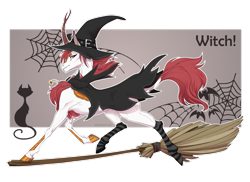 Size: 1920x1397 | Tagged: safe, artist:dementra369, derpibooru import, oc, oc only, oc:shining frost, kirin, pony, broom, cloak, commission, ear piercing, earring, jewelry, kirin oc, male, piercing, socks, solo, stallion, striped socks, white outline, witch, witch hat, ych result