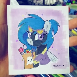 Size: 1080x1080 | Tagged: safe, artist:darkynez, derpibooru import, oc, oc only, oc:spooky glare, pegasus, bag, candy, clothes, costume, disguise, food, halloween, halloween costume, holiday, shadowbolts costume, traditional art