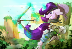 Size: 2215x1516 | Tagged: safe, artist:rainihorn, derpibooru import, starlight glimmer, bird, pony, unicorn, angry, arrow, bandana, bow (weapon), canyon, dust, eyepatch, female, forest, leaves, mare, pipbuck, post-apocalyptic, rock